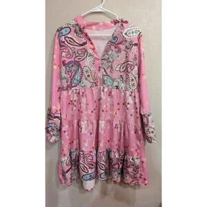 Pretty tiered pink dress with Paisley print & flounce sleeve size L